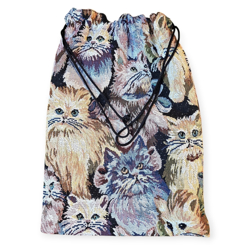 Vintage Cat Cottagecore Drawstring Bag – Tapestry EUC 🐱🌸✨